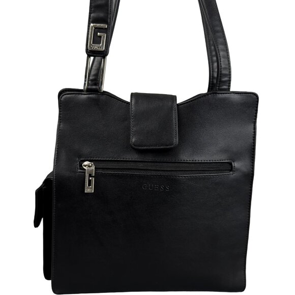 Vintage Guess Black Leather Shoulder Bag Crossbody Zip Pocket Logo Hardware - Picture 7 of 14